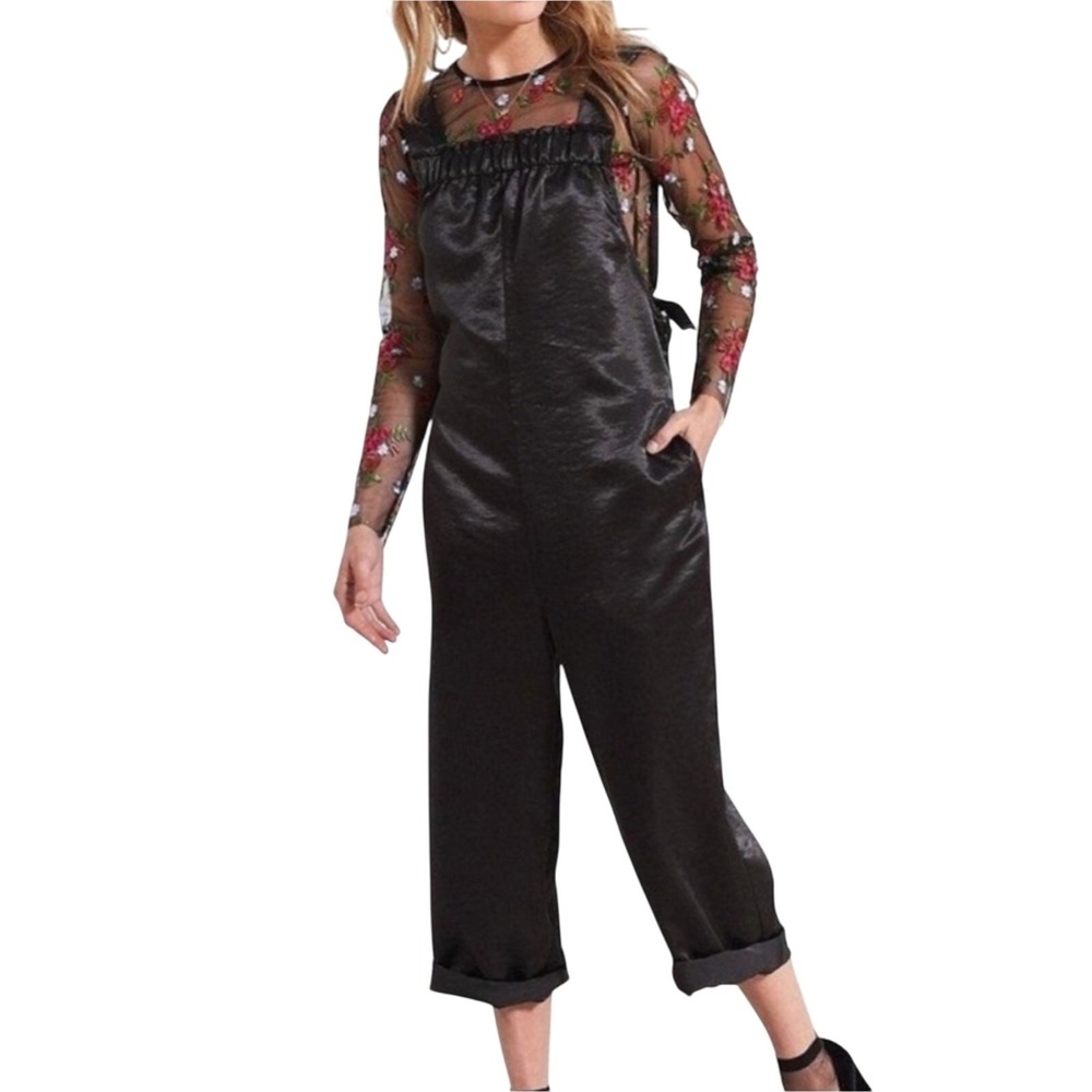 New Silence + Noise Black Satin Overalls Jumpsuit Size Medium Cropped